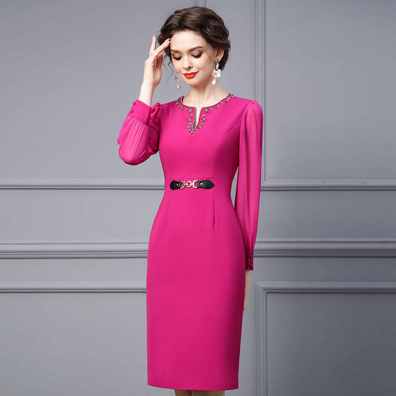autumn new dress 2024 feminine temperament purple red bubble sleeve nail diamond wrapped hip skirt