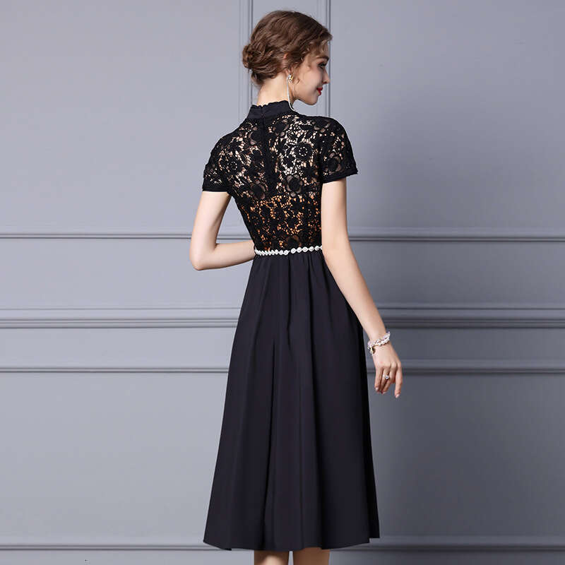 Smart and gentle style dress with lace temperament long short sleeved A-line dress 2024 summer new collection