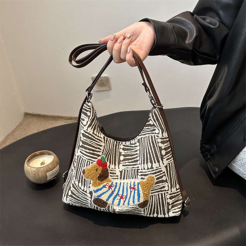 2024 autumn cute cartoon backpack with large capacity checkered canvas tote bag, single shoulder crossbody bag for women