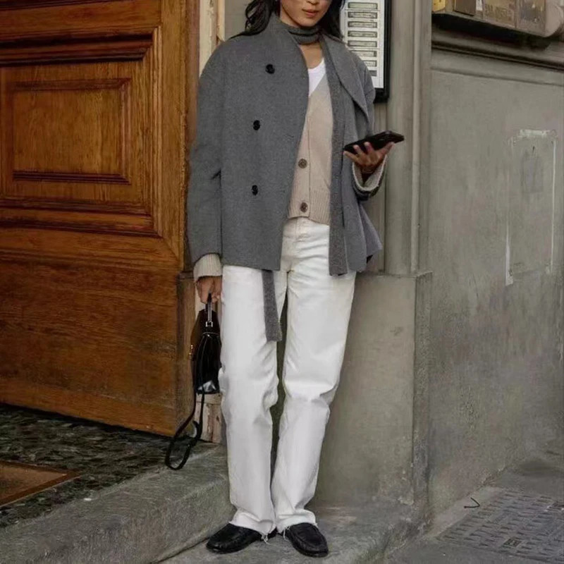 Women Fashion Long Sleeved Solid Outwear Ladies Stand Collar Double Breasted High Street Coat Autumn Casual Slim Wool Jacket 240930