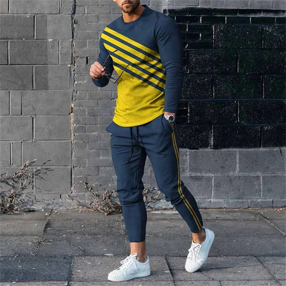 Fashionable mens long sleeved Tshirt set sports pants 3D printed casual clothing oversized track and field 2piece 241008