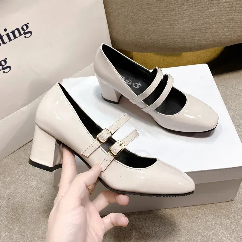 2024 Spring Autumn Women Double Buckle Mary Janes Shoes Patent Leather Dress Square Head Square Heel Solid Color Womens Shoes 241010