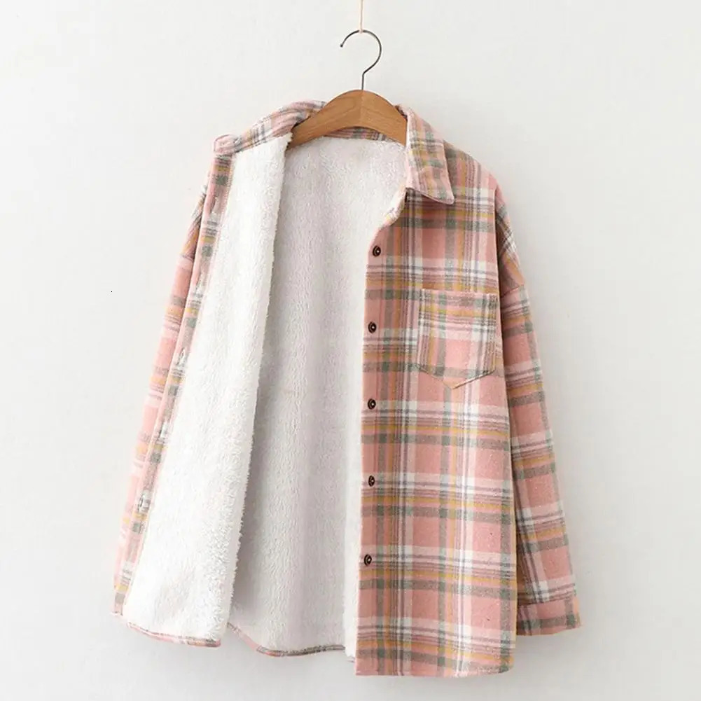 Womens autumn and winter coat with collar long sleeves patch pockets single-layer wool shirt thick lining plain weave womens jacket 241007