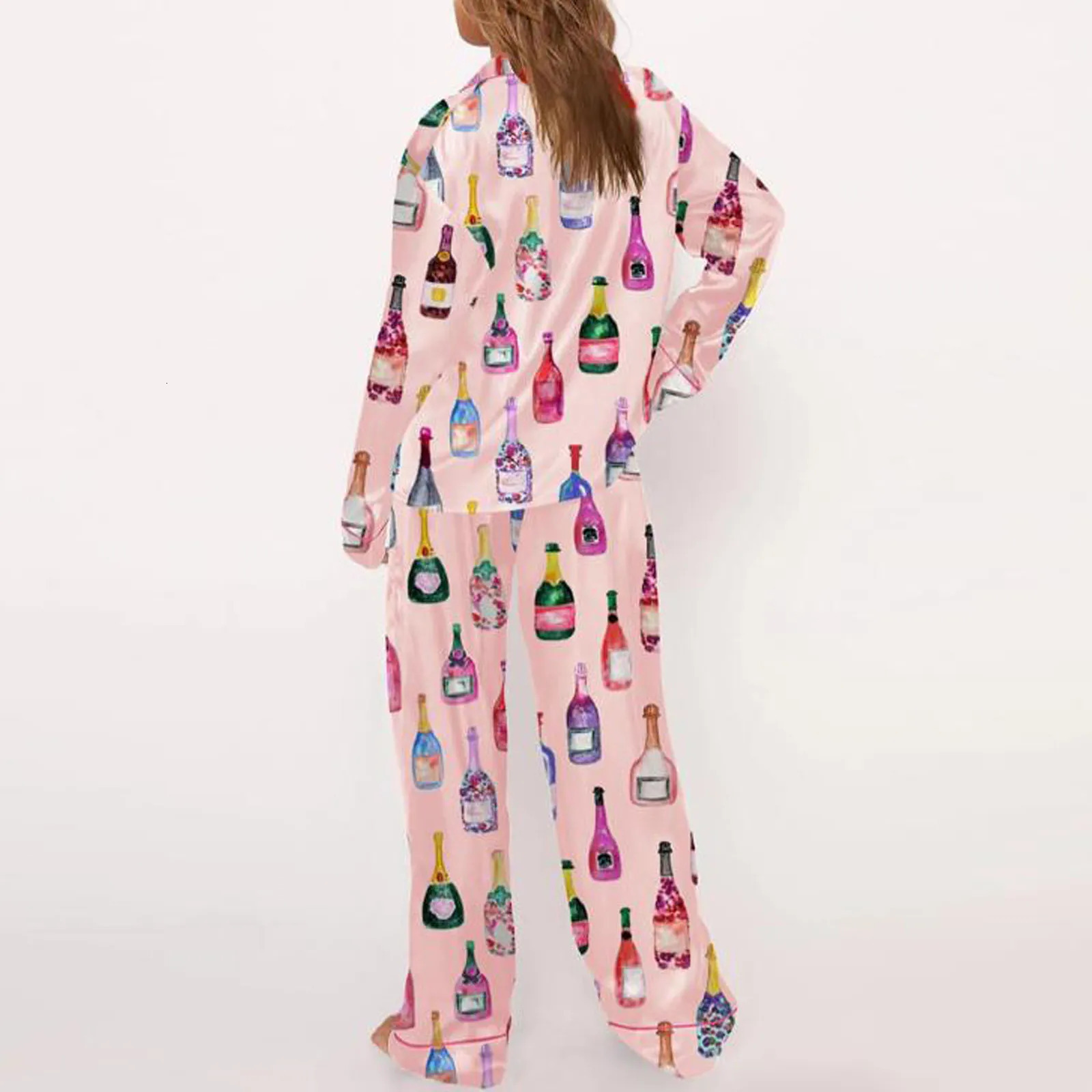 Womens autumn satin casual wine bottle printed long sleeved lapel button up shirt loose 2piece pajama set 241011