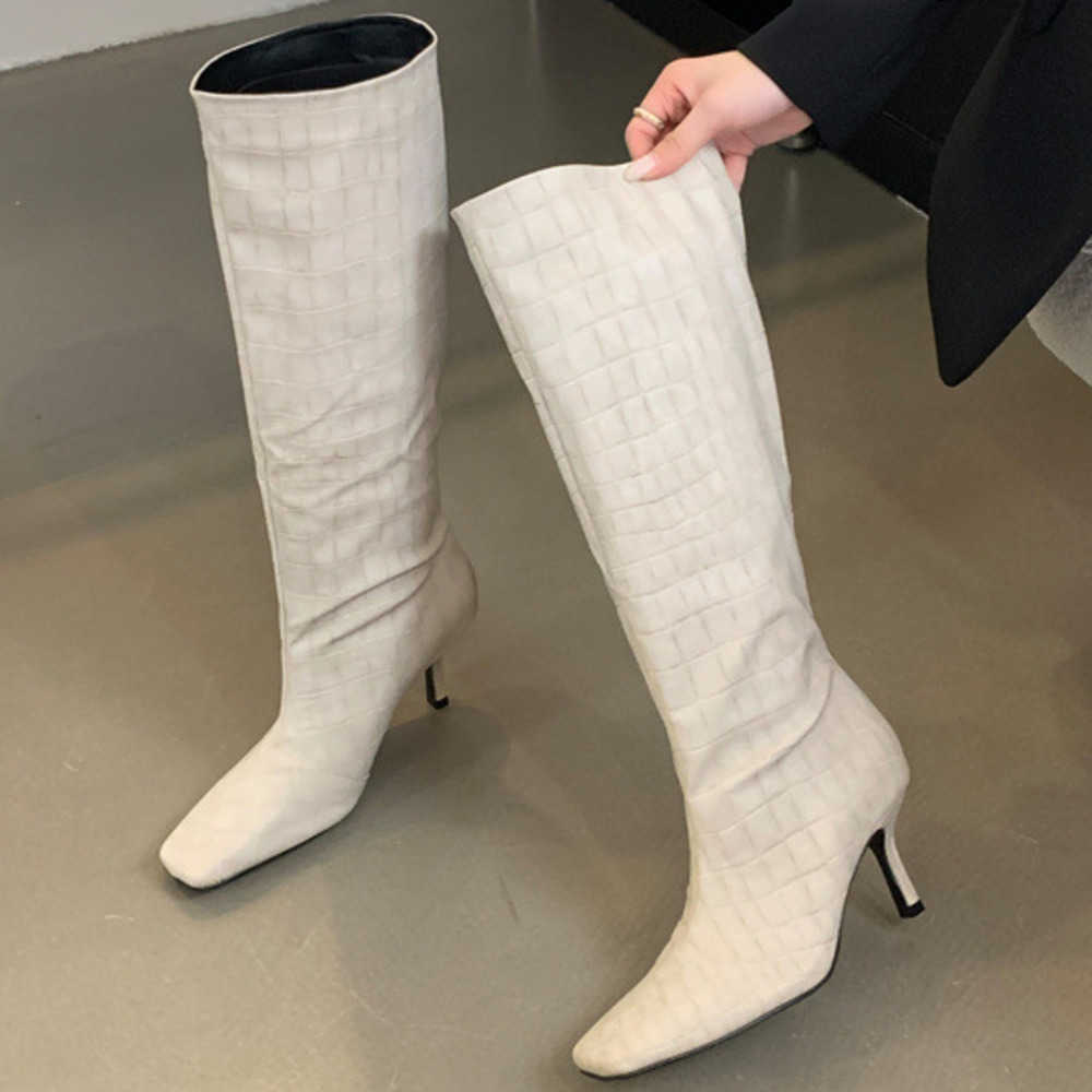Crocodile Patterned Fashion Boots Square Toe High-heeled Long Martin Boots For Women Autumn Winter Knee Knight Boots Slim Heels Boots 240826