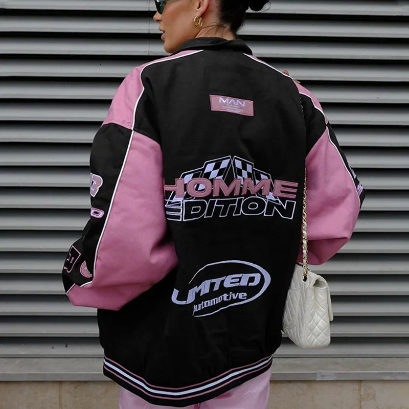 Womens Spliced Pink Bomber Jacket with Zippers Print Motor Biker Stitching Baseball Streetwear Fashion 241011