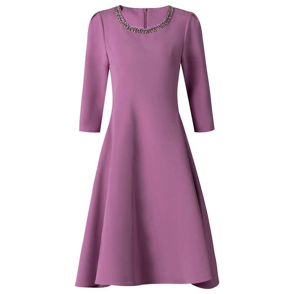 Smart yellow gentle socialite temperament big umbrella skirt high-end luxury nail diamond round neck high waisted dress autumn 2024