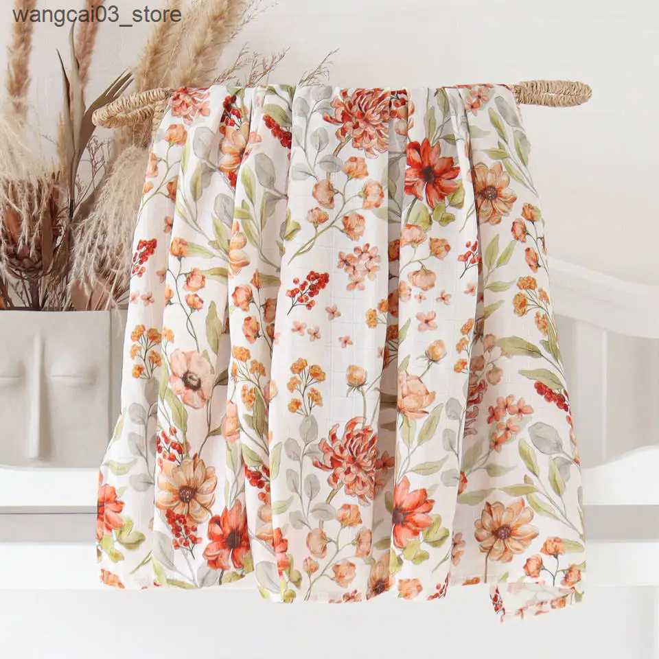 Blankets Swaddling Bamboo Cotton Baby Muslin Swaddle Warp 2 Layers New Born Swaddle Floral Muslin Diaper L240910