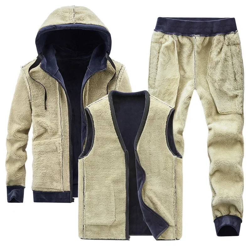 Mens Winter Velvet Thick Track Set Cashmere HoodieTank TopPants 3Piece Warm Casual 241008