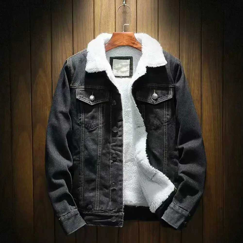 Mens jeans thick cashmere lining Parkas solid color cold resistant jacket single-layer denim coat streetwear W241011