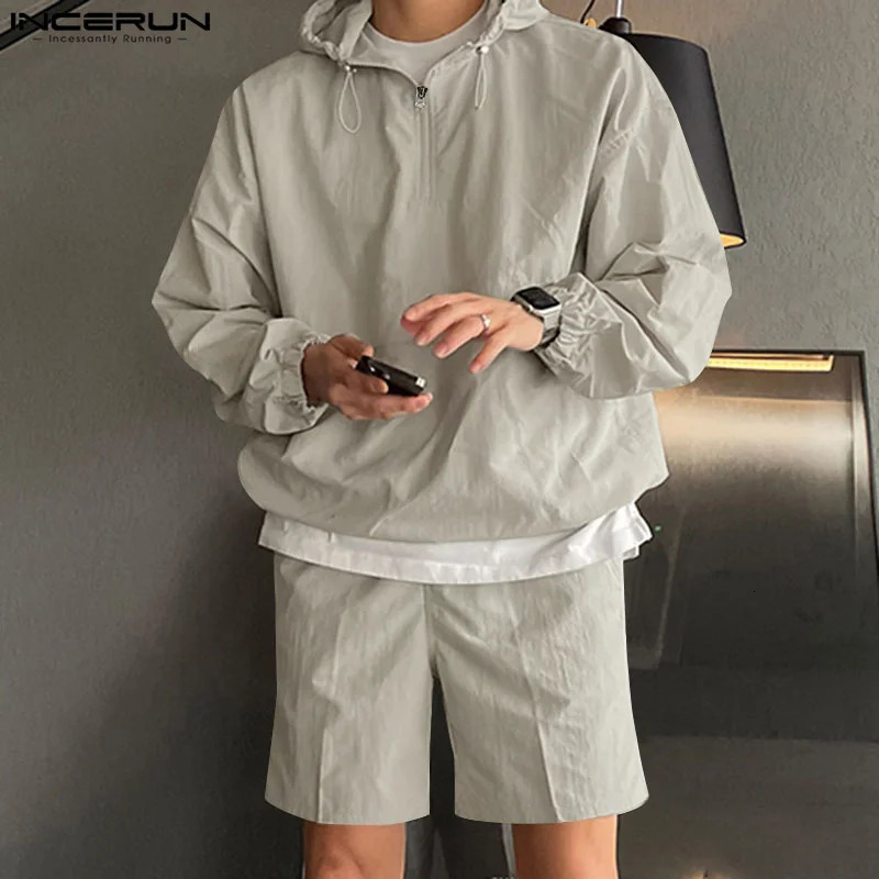 INCERUN Korean style set mens hooded sweatshirt shorts Csual Well Fitting twopiece S5XL 241008
