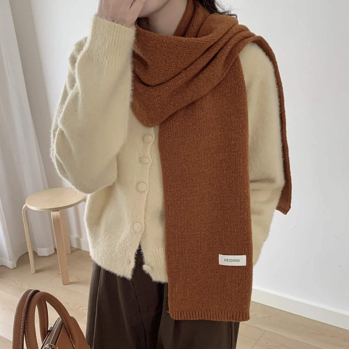 Korean Style Warm Winter Cashmere Scarf For Women Elastic Knitted Scarves Female Hijab Thick Neckerchief Shawl 241009