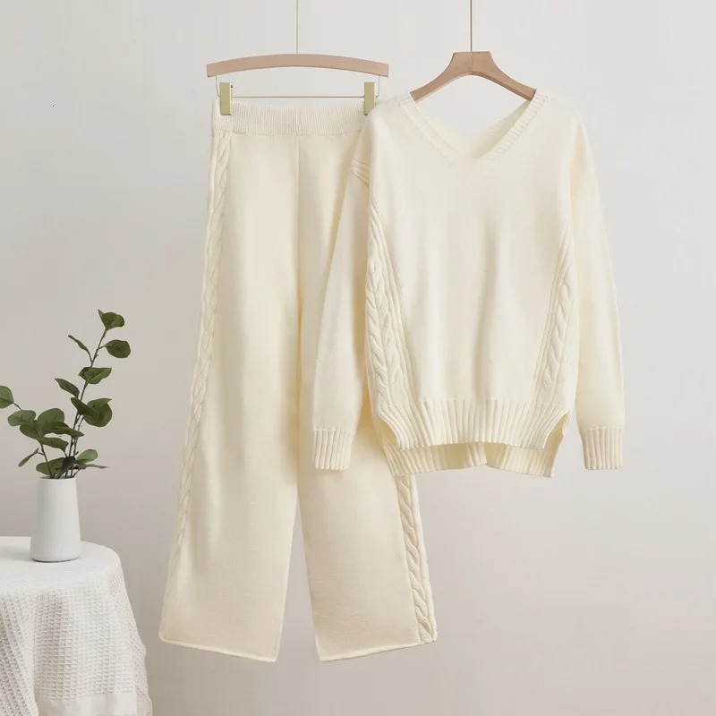 Casual Solid Knitted 2-piece Womens V-neck Long Sleeve Sweater Pullover Top Conjuntos High Waist Wide Leg Pants Set 241010