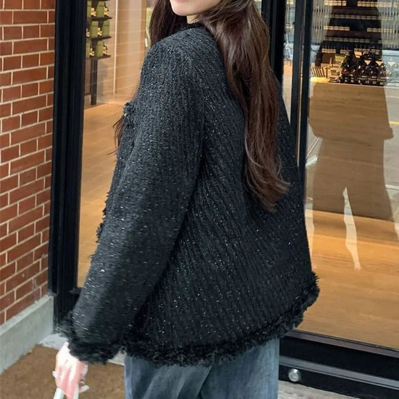 Lucyever Temperament Tweed Black Jacket Women Elegant Thicken Single Breasted Outerwear Ladies Korean with Pocket Office Coat 241011