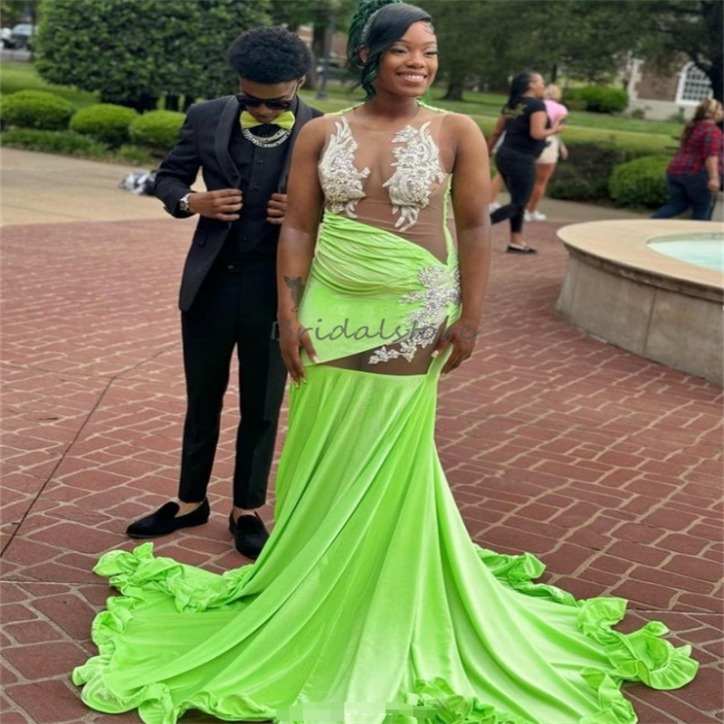 Lime Green Black Girls Prom Dresses 2025 See Through Beaded Appliques Mermaid Evening Dress Elegant Velvet African Birthday Dress vestido de gala noch