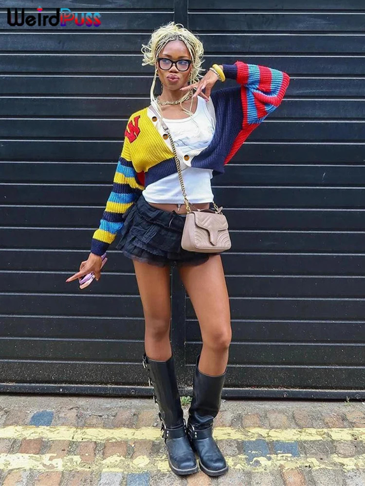Weird Puss Y2K Cardigan Sweater Women Letter Print Casual Wild VNeck Button Colorful Patchwork Street Trend Hipster Knit Coat 241007
