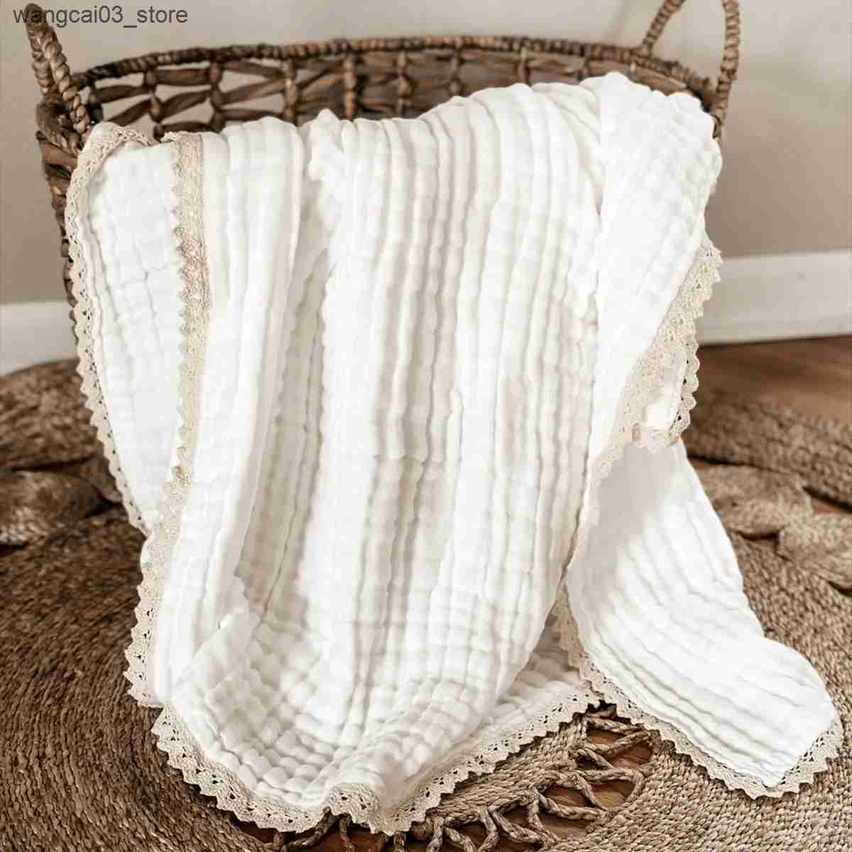 Blankets Swaddling 6 Layers Muslin Blankets for Babies Blankets Newborn Solid Lace Swaddle Blanket Baby Bath Towel Cotton Gauze Cover Mother Kids L240