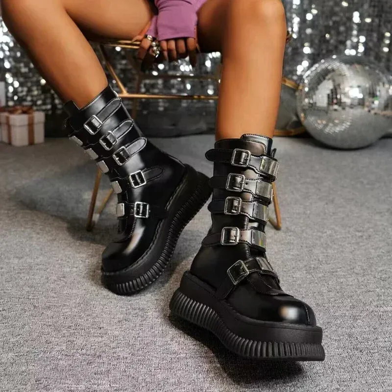 Women Black Gothic Platform Wedges Motorcycle Female Punk Bottom Boots Ladies Thick High Heels Party Shoes