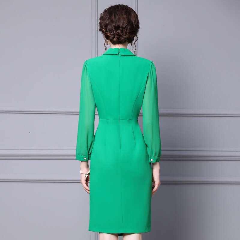 autumn dress new 2024 stylish green suit collar nail diamond high-end split hip skirt looks slim