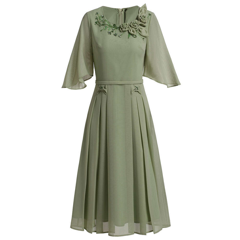 nail bead exposed collarbone elegant and noble flower decoration high waist A-line dress 2024 summer new item