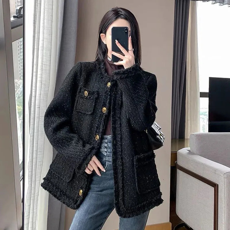 Lucyever Temperament Tweed Black Jacket Women Elegant Thicken Single Breasted Outerwear Ladies Korean with Pocket Office Coat 241011