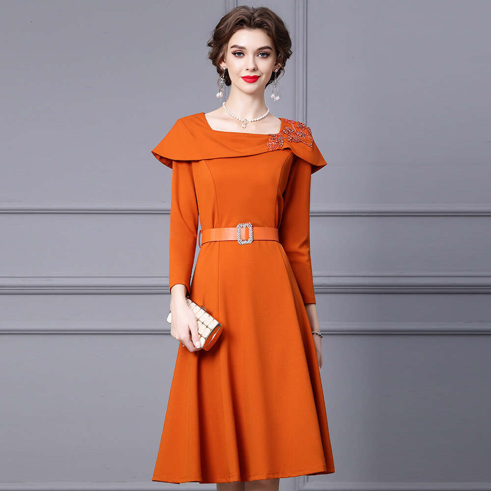 long sleeved dress for women in autumn 2024 new square neck cape nail drill mid length pear shaped figure A-line skirt