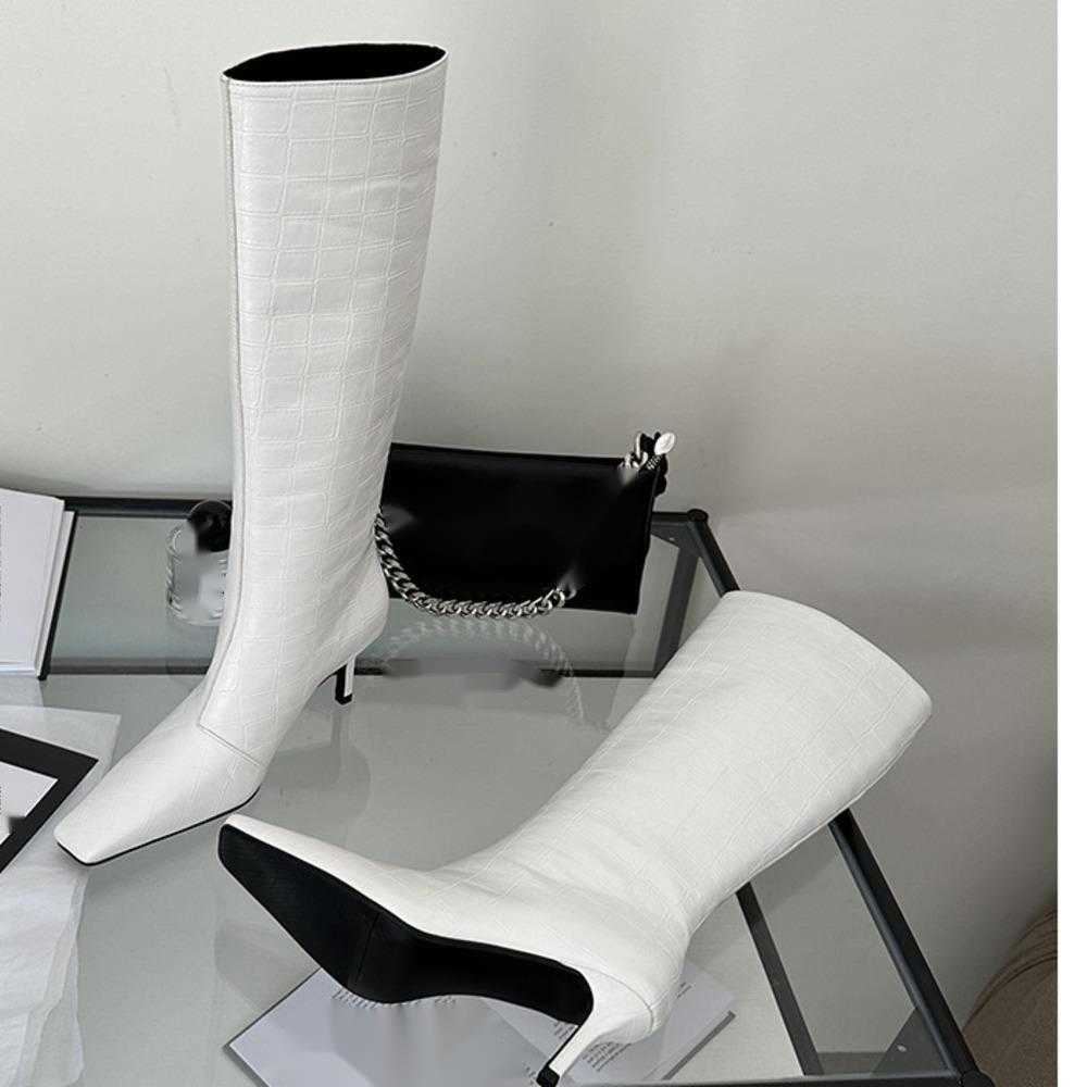 Winter Fashion Boots Square Head Thigh High Heel Boots White Knight Boots Crocodile Pattern Martin Boots Barrel Knee Boots 240826