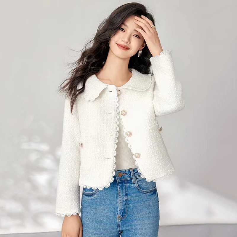 Autumn coarse tweed short sleeved womens jacket Autumn Korean sweet lace patchwork woven jacket Winter thick warm elegant office womens jacket 240930