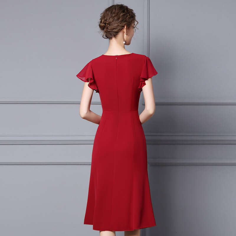 Wine Red 2024 Summer New Mid length Waist Slimming Ruffle Edge Banquet Dress for Women