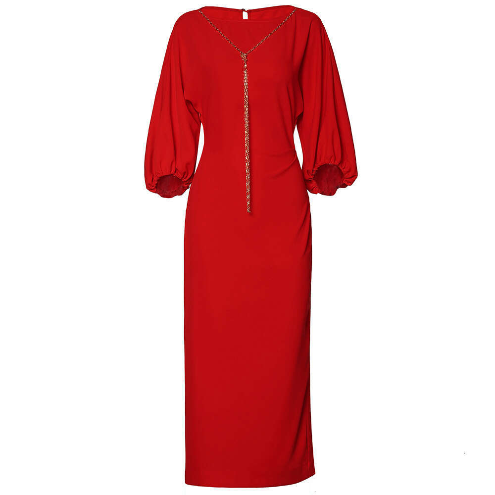 High end Light Luxury 2024 New Womens Autumn Banquet One neck Bat Sleeve Long Dress Skirt