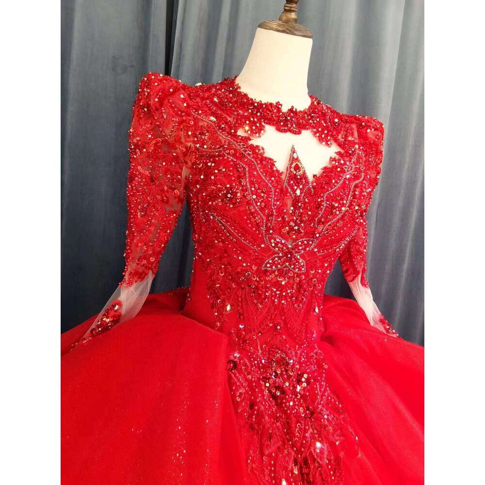 kisswhite Green Collection red lace long sleeves Crystals Ball Gown with train Bridal dresses