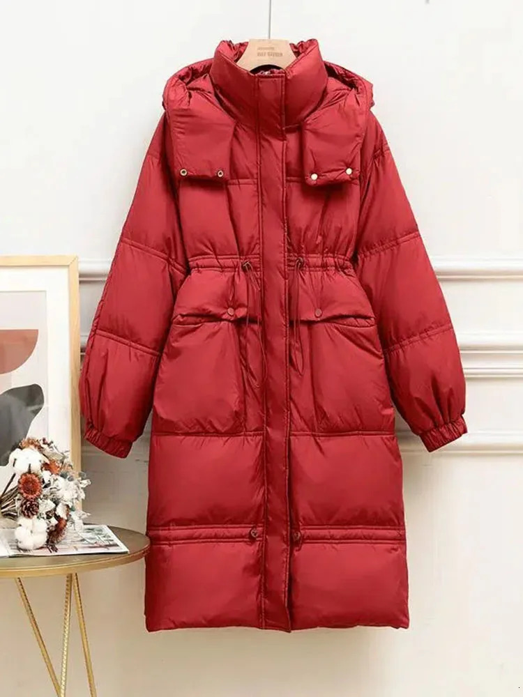 Womens winter hoodie long coat plus size thick loose pockets Parkas waist brushed Jaqueta Puffer Korean cold coat 241007