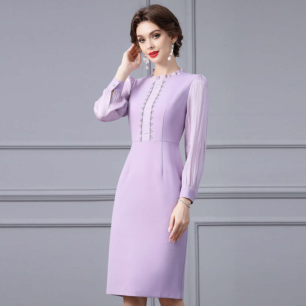 Purple High end Light Luxury Dress 2024 New Black Ear Collar Western Goddess Style Texture Bag Hip Skirt Autumn