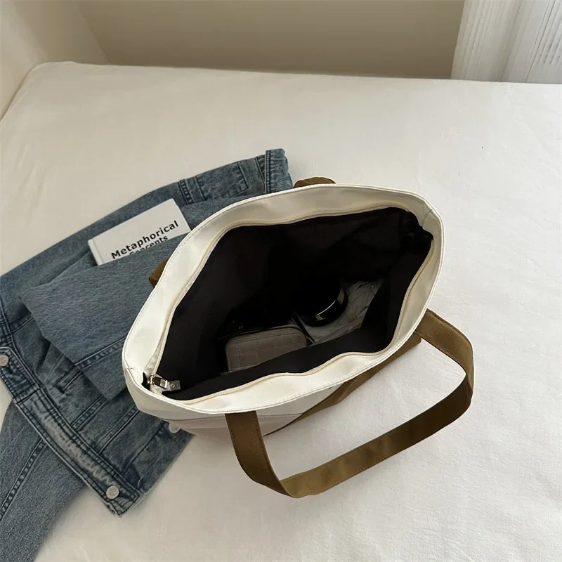 Korean canvas shoulder shopping bag womens zipper large handbag womens handbag womens handbag student women Bolso Mujer 241008