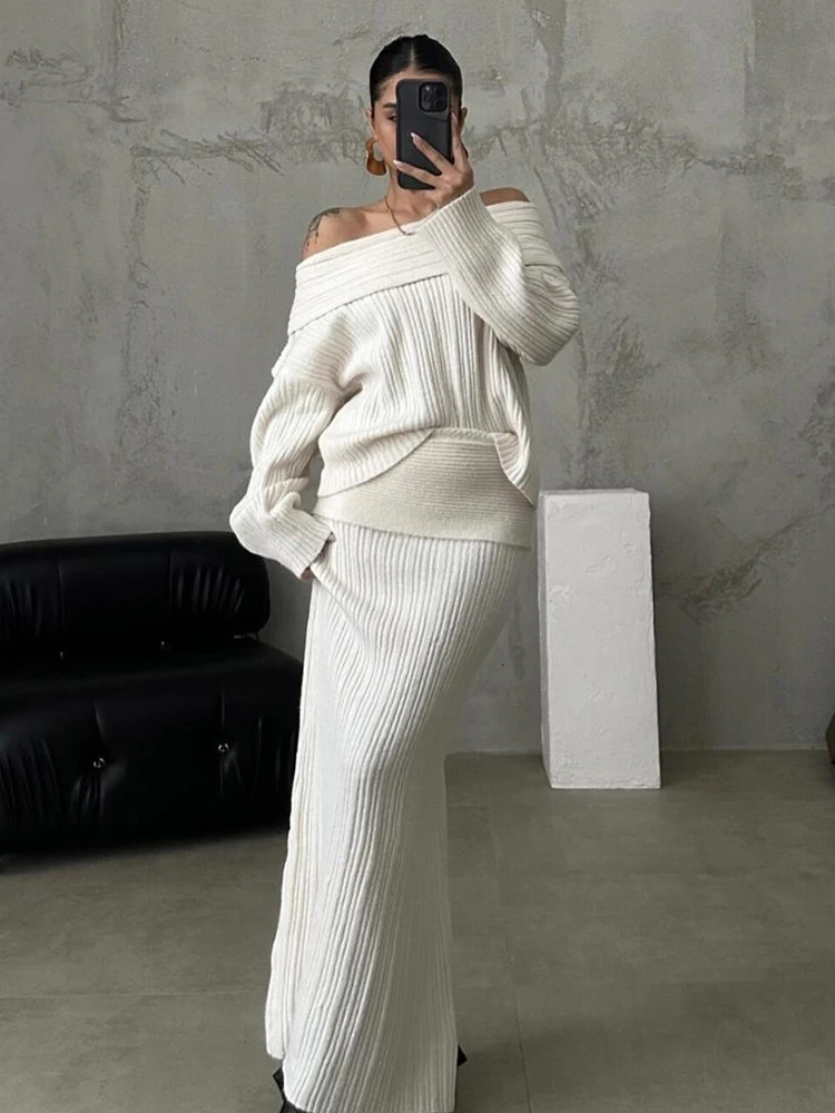 Winter Knitted Two Piece Set Womens Elegant Off Shoulder Sweater Pullover Ultra Thin Tight Set Fashion Office Womens Wear 241011