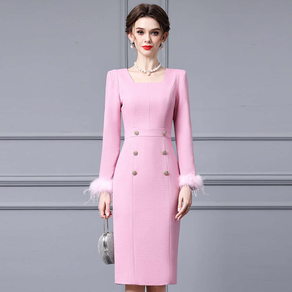 noblewoman brand womens ostrich fur decoration high waist slimming square neck split hip dress highlights figure