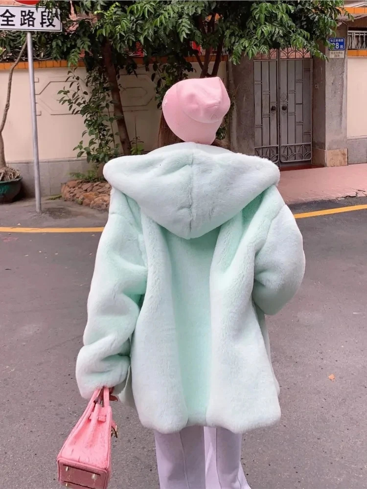 Sweet Pink Fur Coats Womens Winter Thick Warm Street Clothing Korean Street Hoodie Fashion Plush Jacket Coat 241007