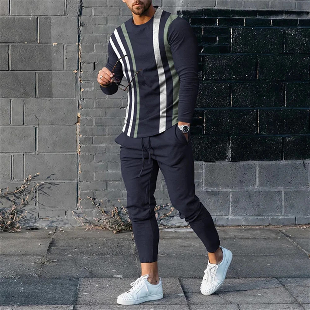 Fashionable mens long sleeved Tshirt set sports pants 3D printed casual clothing oversized track and field 2piece 241008