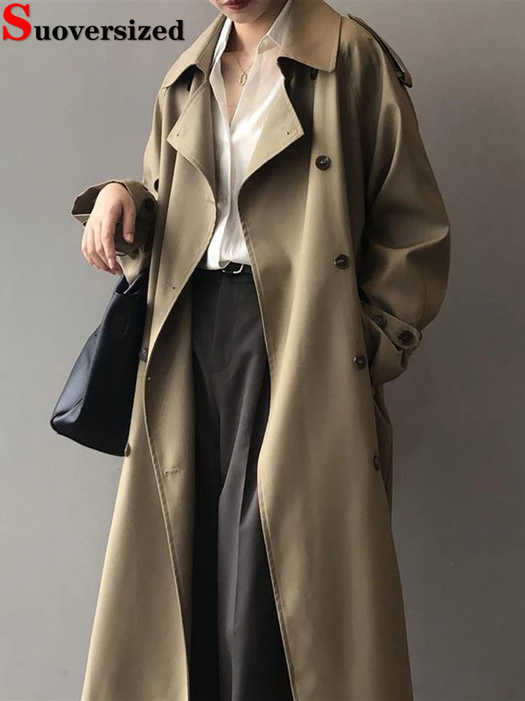 Classic Grey Long Belt Trench Coats Women Korean Double Breasted Gabardina Jackets Streetwear Windbreaker Abrigos Spring Casacos 241008