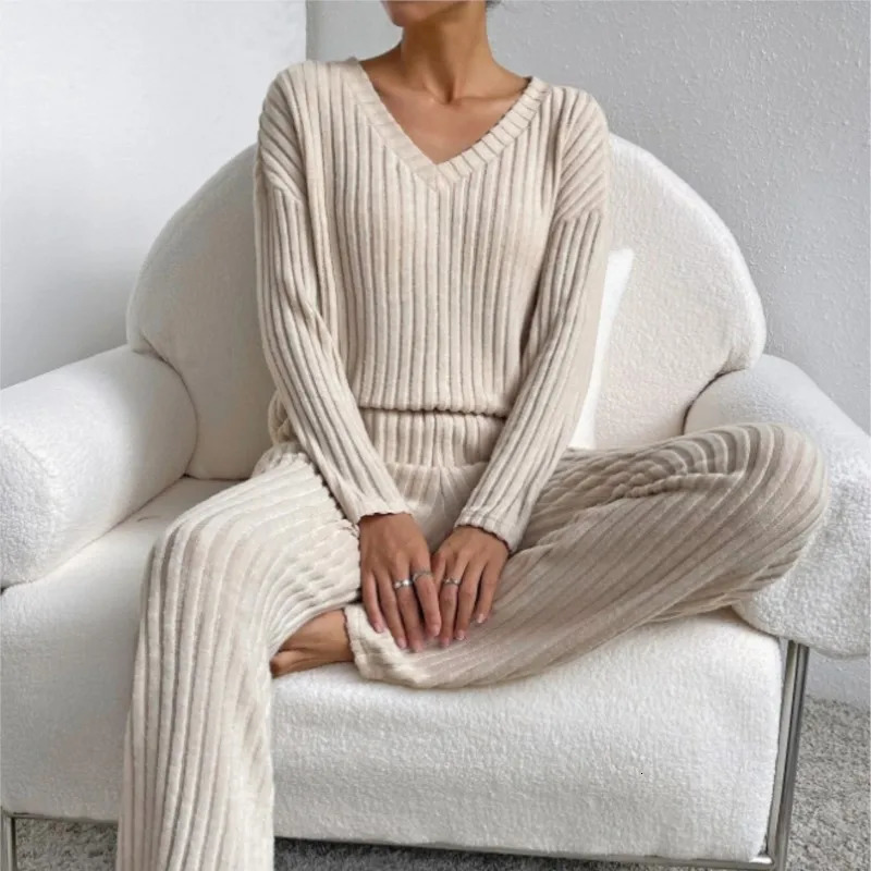 Womens autumn and winter set fashionable casual pit stripe wool Vneck top straight pants solid color sweater twopiece 241008