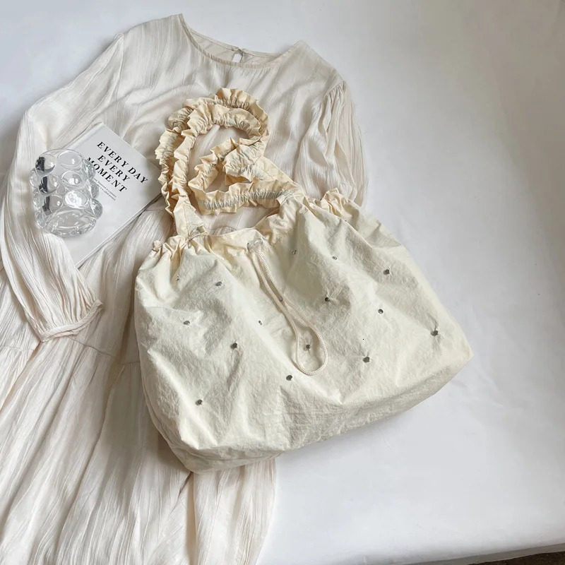 Womens summer canvas bag Korean pleated handbag white shoulder bag Strandtache Handtasche Damen Torebka Na Rami gift 241008