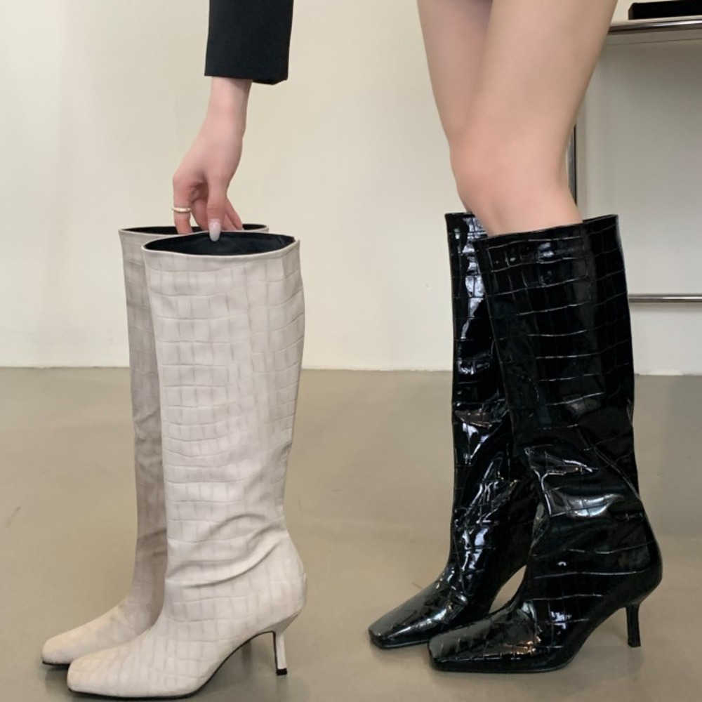 Crocodile Patterned Fashion Boots Square Toe High-heeled Long Martin Boots For Women Autumn Winter Knee Knight Boots Slim Heels Boots 240826
