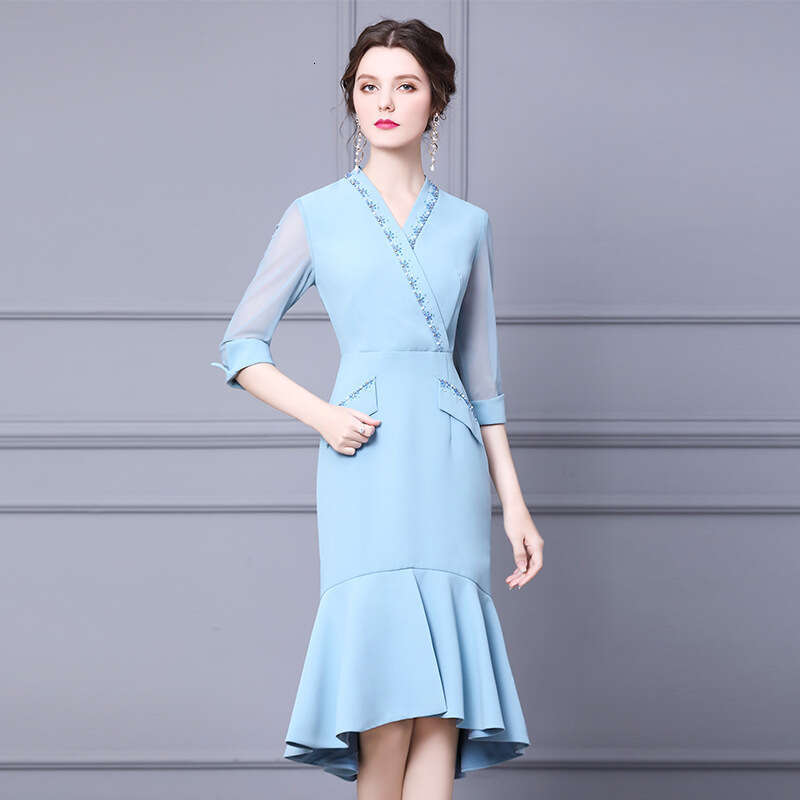 dress 2024 new autumn outfit nail bead seven quarter sleeve womens style waist cinching slimming fish tail skirt