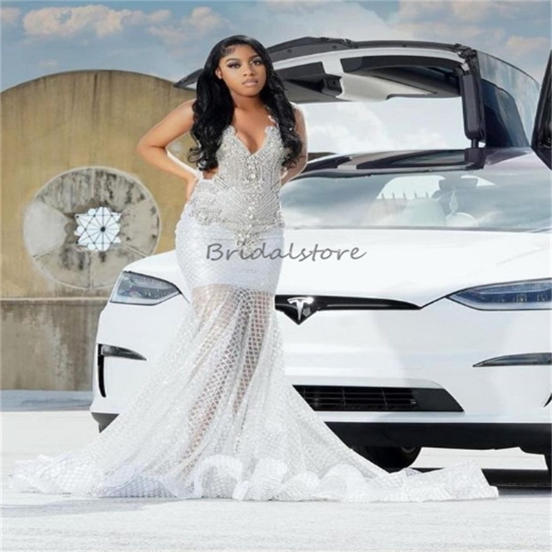Excellent Silver Crystal Prom Dresses Sparkly Sequin Mermaid African Evening Gowns 2025 Glitter Dance Birthday Occasion Formal Party Gowns Robe De Soi