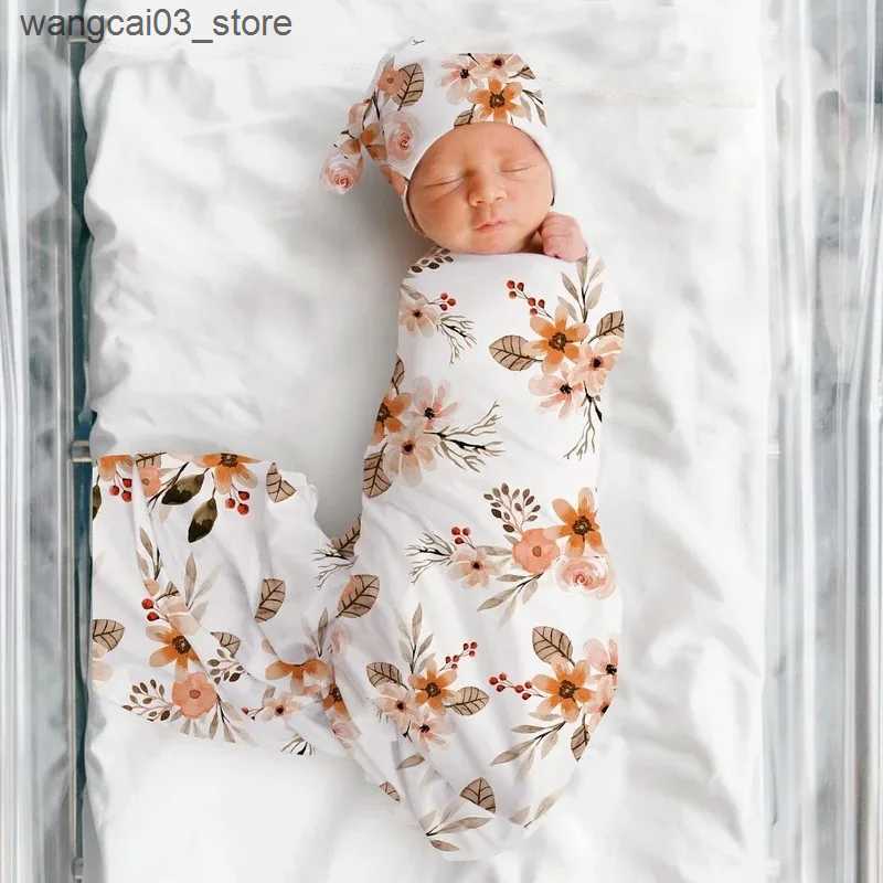 Blankets Swaddling Baby Born Bedding Blankets Flower Print Baby Blanket New Born Muslin Swaddle Girl Hat Headband Infant Receiving Blanket L240910