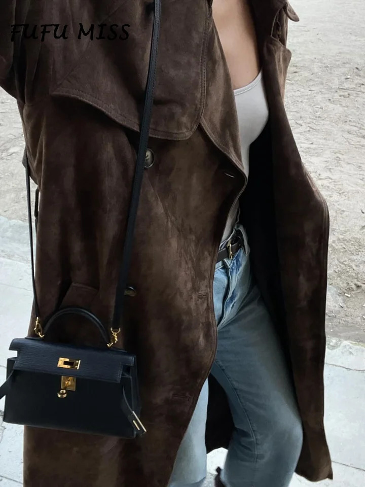 Vintage Khaki Suede Long Coat For Women Belt Lapel Long Sleeve Double-breasted Overcoat 2024 Autumn Lady High Street Outwears 241008