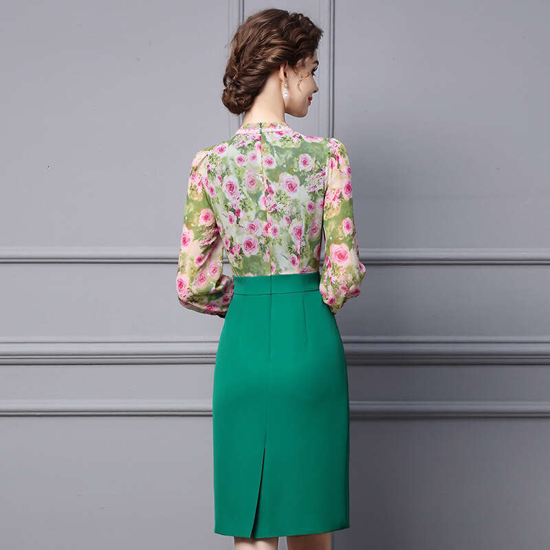 high-end exquisite for women 2024 new style formal occasion green floral long sleeved waist slimming dress