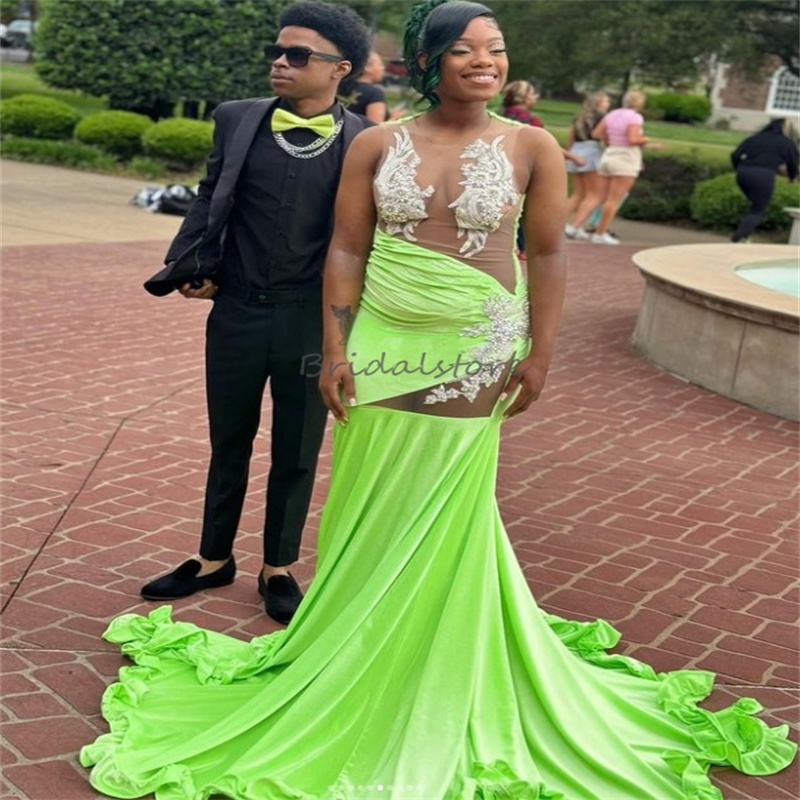 Lime Green Black Girls Prom Dresses 2025 See Through Beaded Appliques Mermaid Evening Dress Elegant Velvet African Birthday Dress vestido de gala noch