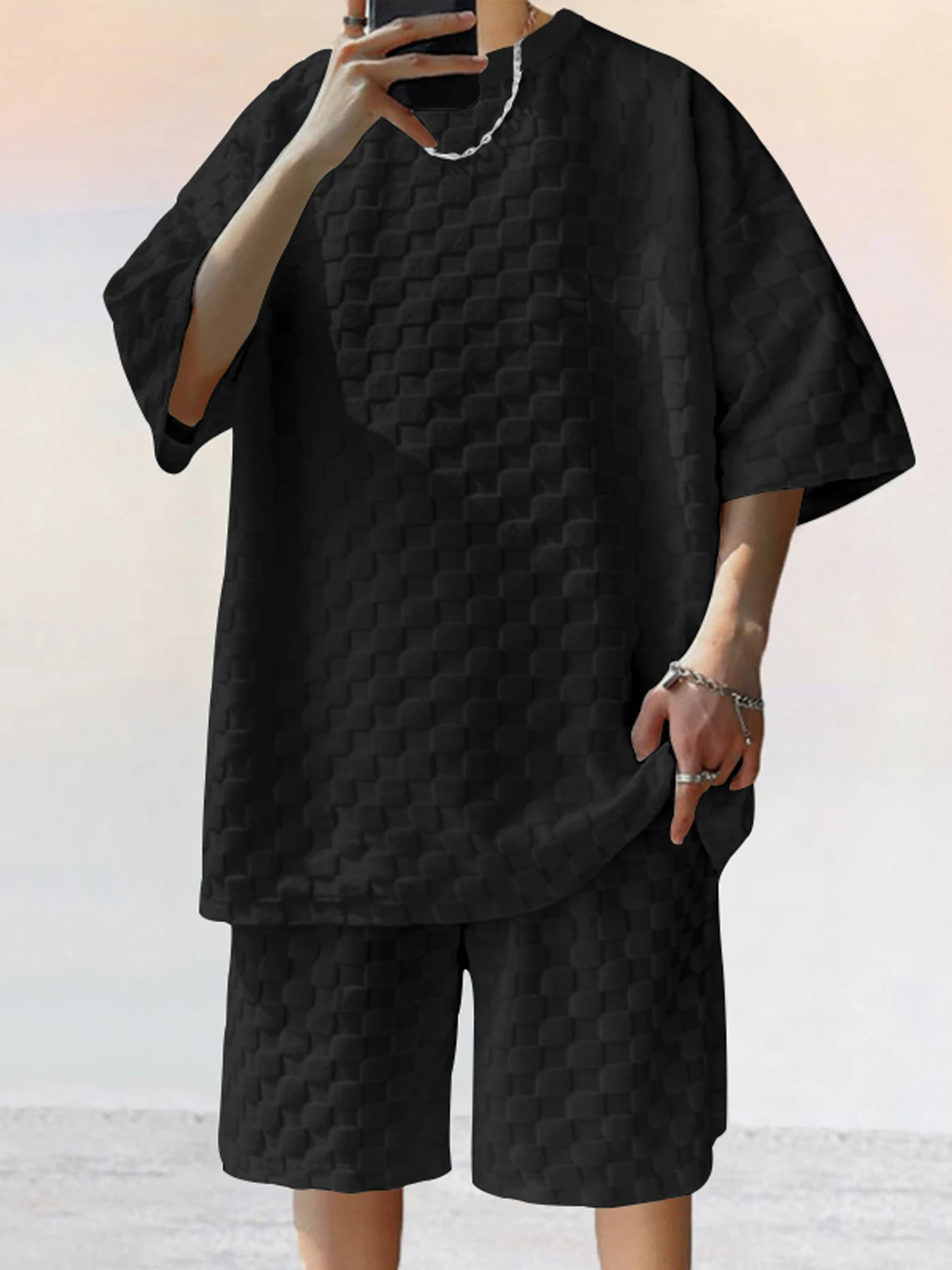 Summer Europe and the United States fashion mens checkerboard spring summer relaxed sports leisure twopiece set 241010