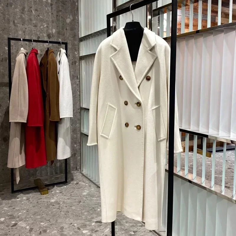 101801 90 Wool 10 Cashmere Coat Womens Medium Long Classic Double Row Button 241008